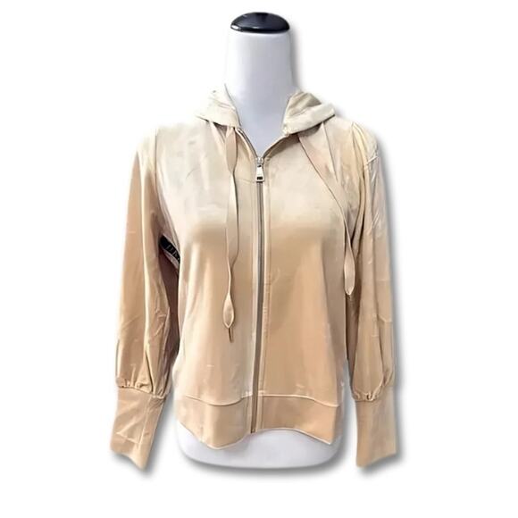 DKNY Full-Zip Hoodie Long Sleeve Elastic Hem Cuffs Velour Gold Tan Women's M NWT - Picture 2 of 11